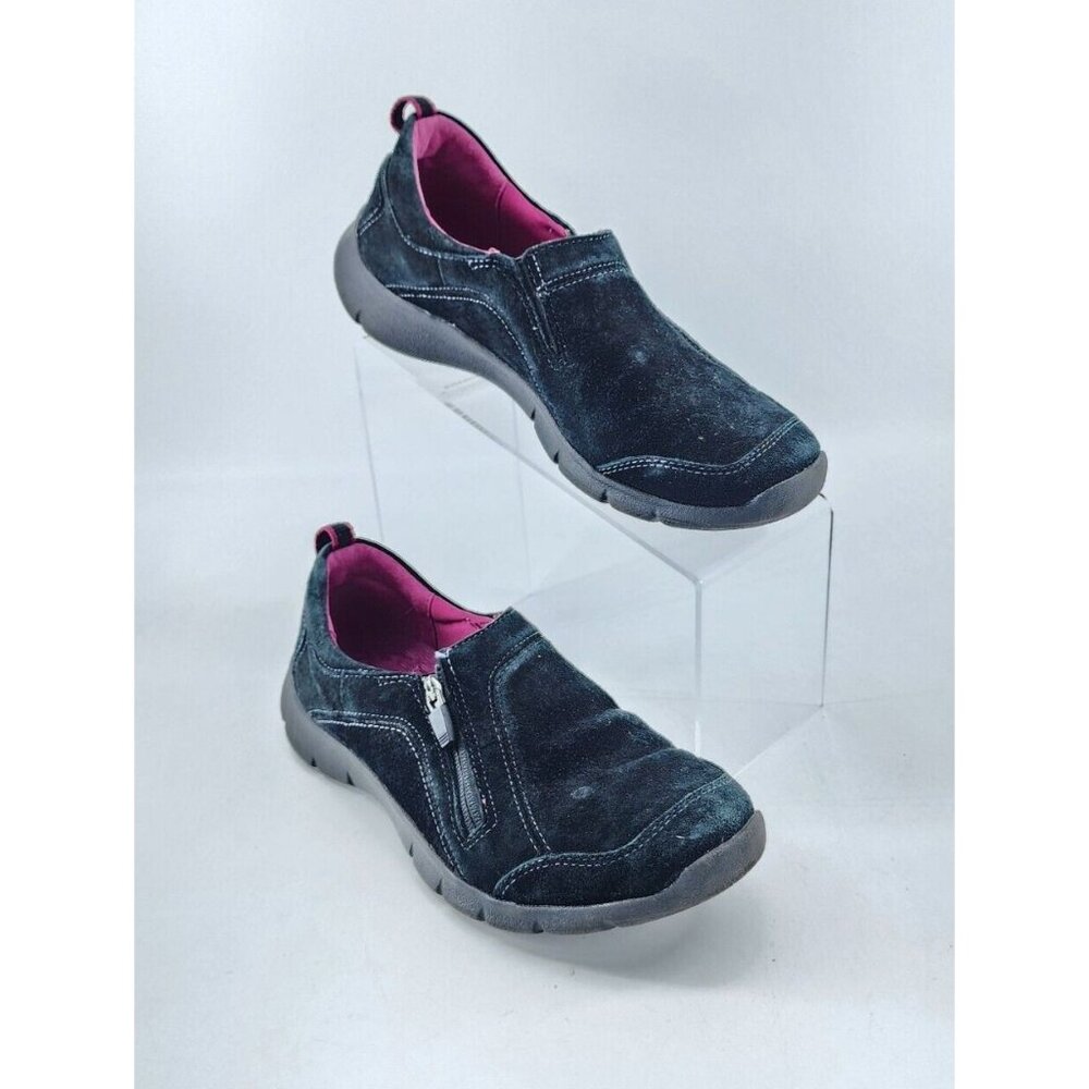 Clarks Women's Hedge Poole Flat Slip On Side Zip Loafer Shoes Suede Black Sz 7.5